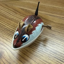 Vintage 3" Mouse Wind-up Toy Tin Litho/Rubber Tail Cloth Ears Hong Kong