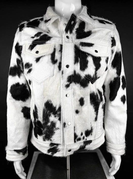 Men’s Cow Hair Trucker Jacket Black And White Fur Warm Denim Coat Western Style - Image 2 of 4