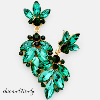 HIGH END CHANDELIER DARK GREEN GLASS CHUNKY CRYSTAL EARRINGS FORMAL JEWELRY***