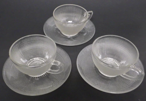 3 SET Dominion Glass SAGUENAY Clear 6 pcs Cup & Saucer Canadian Depression 1940s