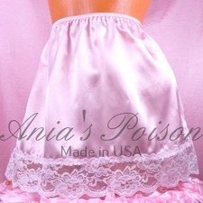 VTG SHINY LACY SATIN baby Pink French Boudoir Mini Half Sissy Slip Skirt OS