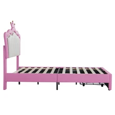 Modern Pink Princess Bed With LED Lights, Twin Size Upholstered Bed Frame