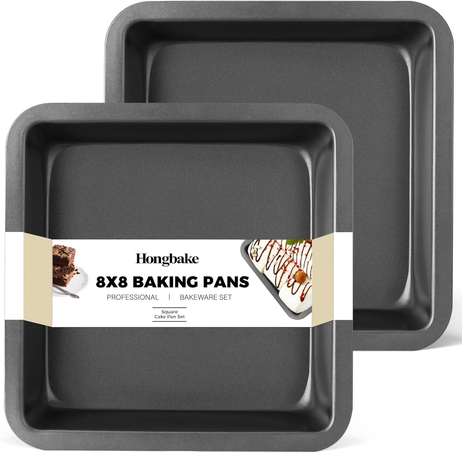 8X8 Cake Baking Pan Set, Nonstick Square Brownie Pans with Wider Grips, 2 Pieces