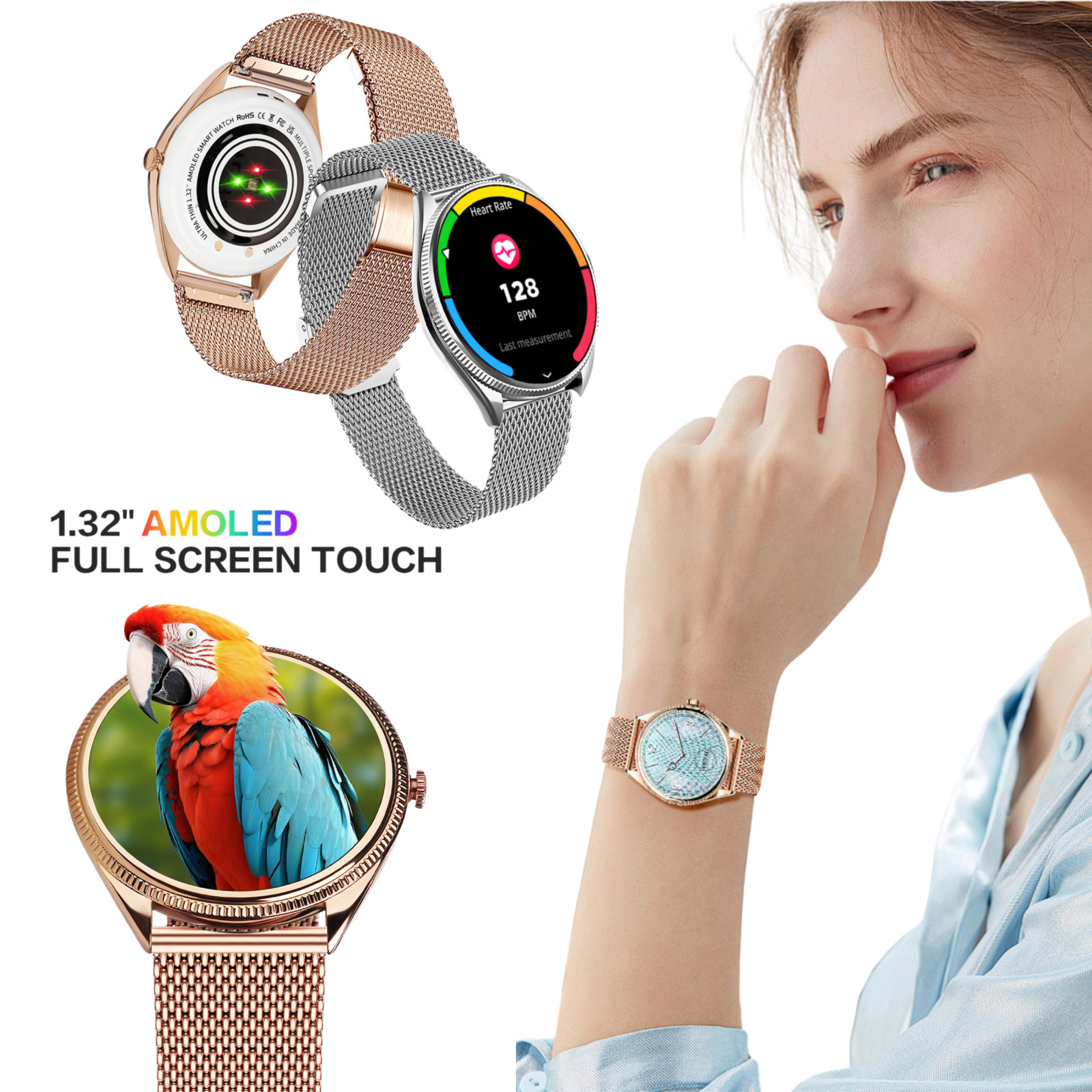 Montre connectée femme luxe AMOLED rose doré élégante avec appels sans fil Bluetooth