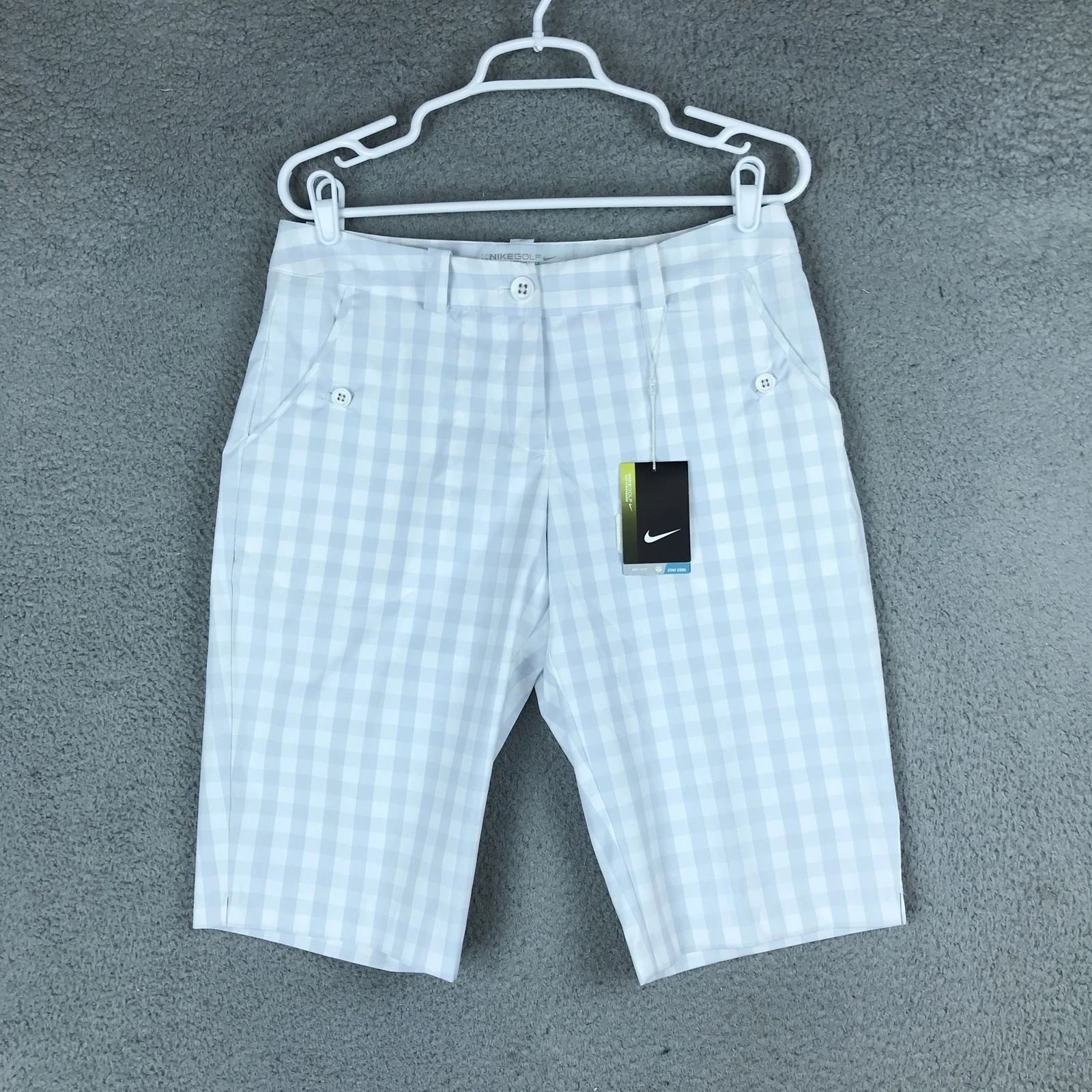 Pantaloncini Nike Golf Dri Fit Donna 8 Bianco Grigio Gingham Check Tour Performance Nuovi con etichette