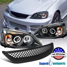 Fits 2001-2003 Honda Civic Led Halo Headlightsmesh Grill Hood Grille Black