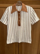 VTG 60s Striped Cream Light Brown Mod Polo Polyester Short Sleeve Shirt Small