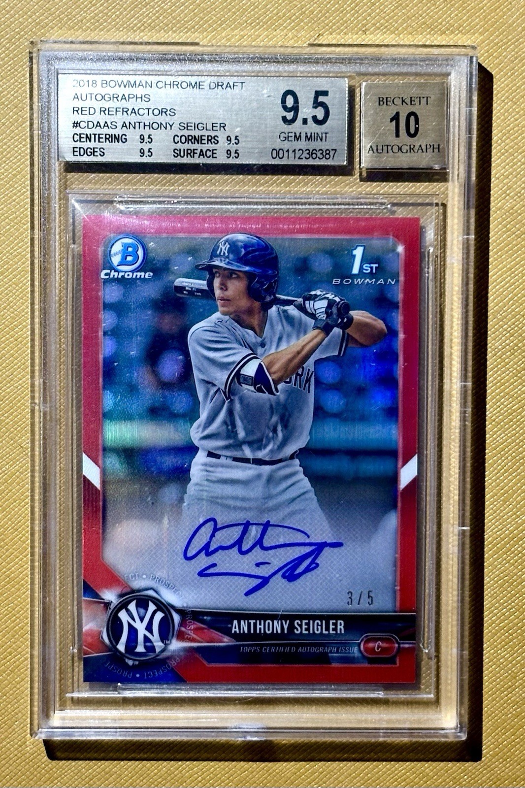 Anthony Seigler 2018 Bowman Chrome Draft Red Refractor RC Auto 3/5 BGS 9.5/10 💎