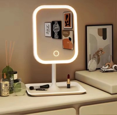 Rechargeable LED Makeup Mirror with Storage Base   Touch Control Vanity Mirror