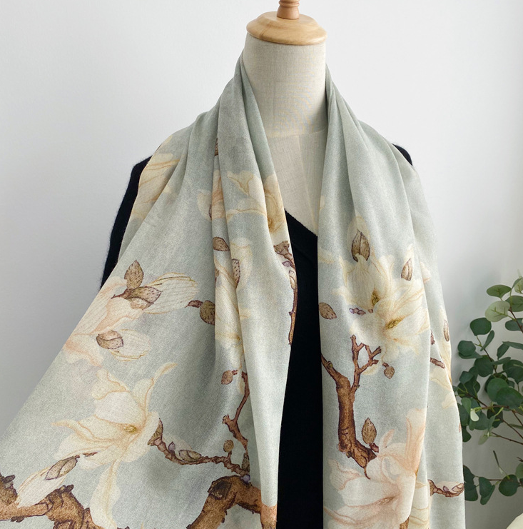 Pure Cashmere 200x100cm White Peony Print Scarf Women Wrap Neckerchief