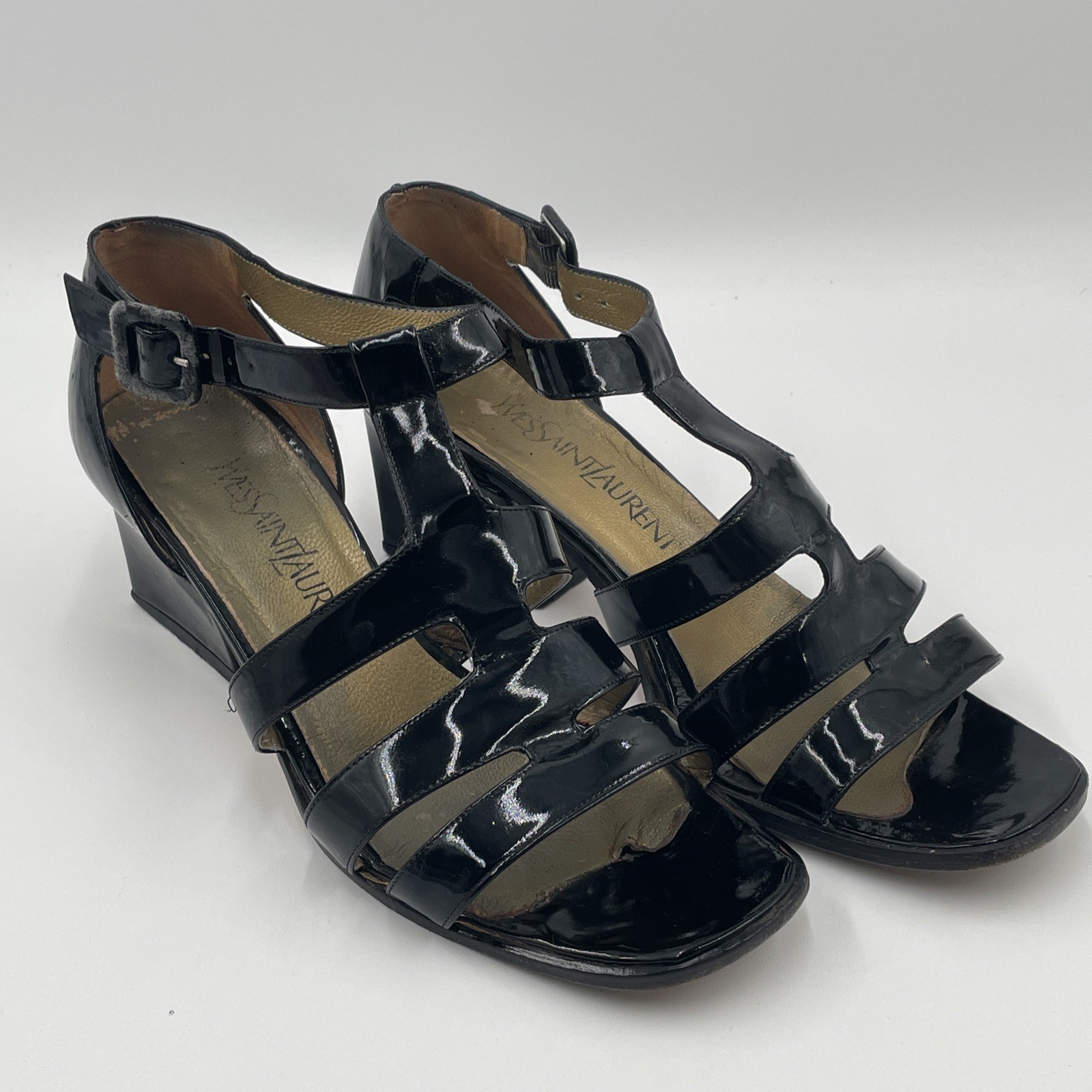 Sandali vintage Yves Saint Laurent donna YSL neri vernice US 7 M cinturino alla caviglia tacco