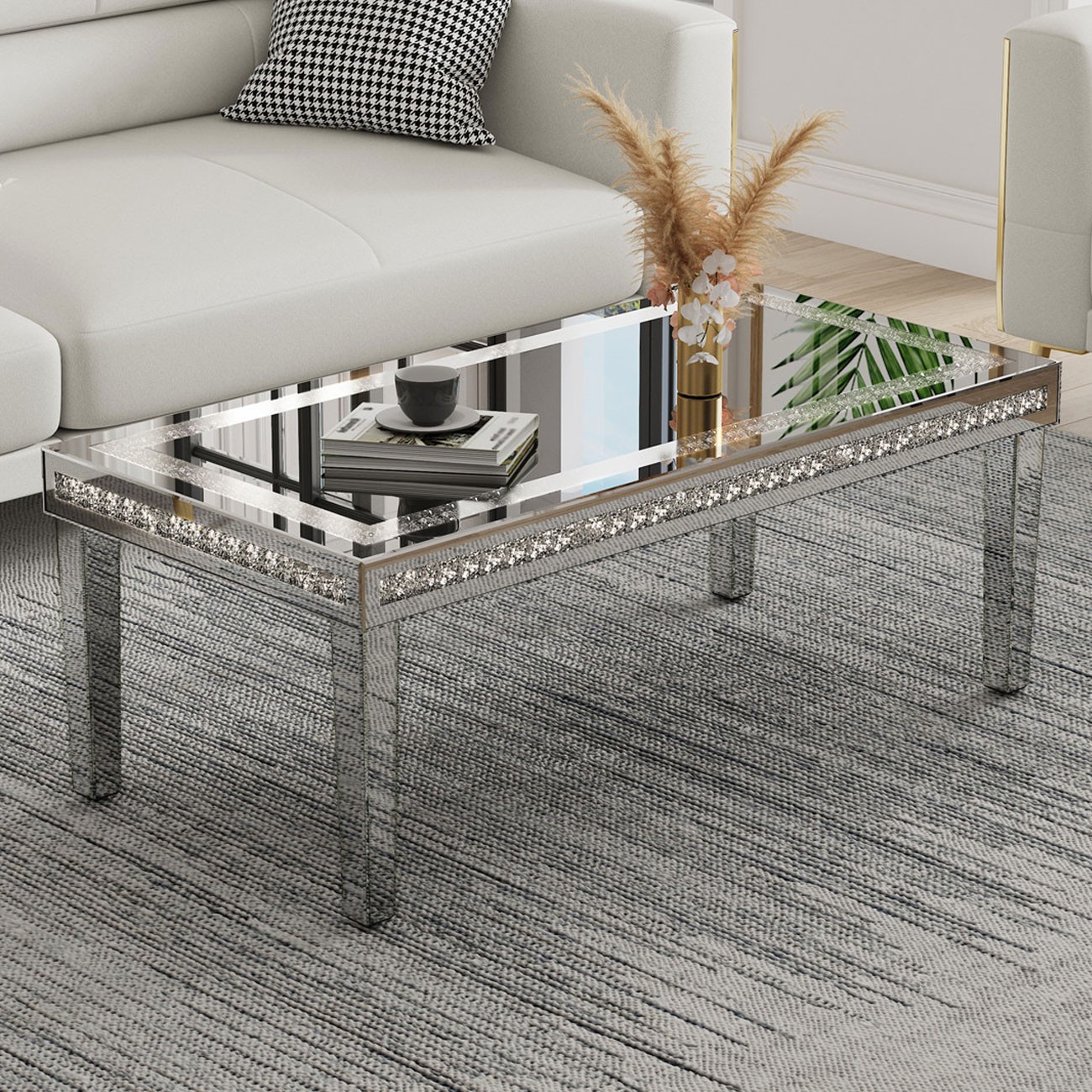 48x24x18 Mirrored Coffee Table with Crushed Diamonds & Rectangular Glass Top