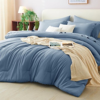 CozyLux King Size Comforter Set Grayish Blue, 7 Pieces Bed King, Blue