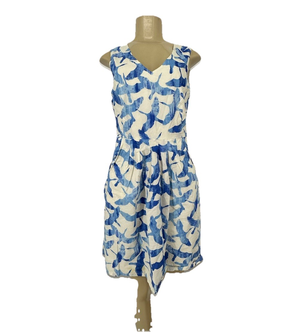 ll bean dresses LL Bean Size 4 Women Signature Poplin Dress Blue Bird Print V-Neck Pockets  ML11