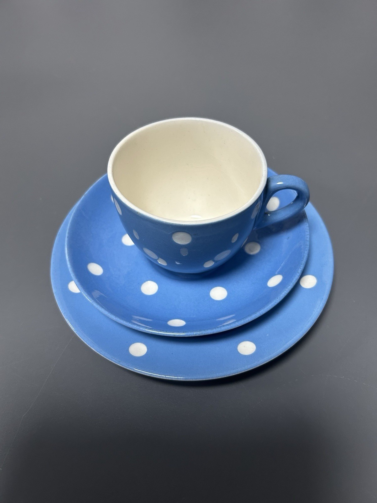 T G Green Cornishware Blue Domino Polka Dot 3 piece Trio Cup Saucer & Side Plate