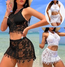 NEU Damen Strand Outfit Set Spitze Mesh Top+Rock Bikini Netz wei&szlig; schwarz XS S M