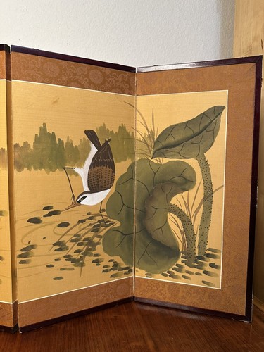 Small Asian Divider Four Folding Screens In Warm Earth Tones, Signed And Stamped - Picture 3 of 15