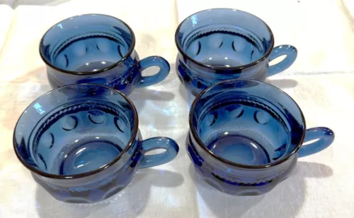 Vintage Tiara Glass Kings Crown Cups Cobalt Blue Thumbprint Mugs Set of 4