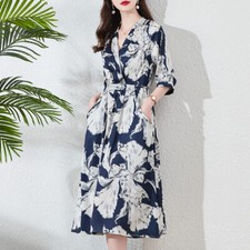 100% Mulberry Silk Dress Women's Mid Length Summer New Fashion V-neck Silk Dress