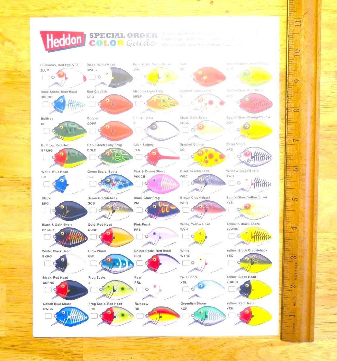 Original HEDDON PUNKINSEED Lure Collector Series 9630 Color Chart