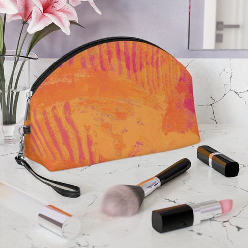 Makeup Bag Faux Leather Orange Abstract with Zipper - Picture 7 of 7