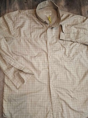 Cabela's UPF50 Shirt Mens Large Beige Plaid Short Sleeve Button Up Vented Fish +