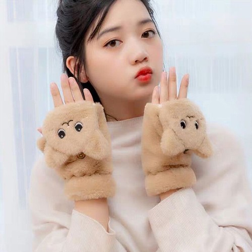 Women Winter Rabbit Fur Mittens Fingerless Gloves Plush Warm Glove Winter Soft - Picture 15 of 26