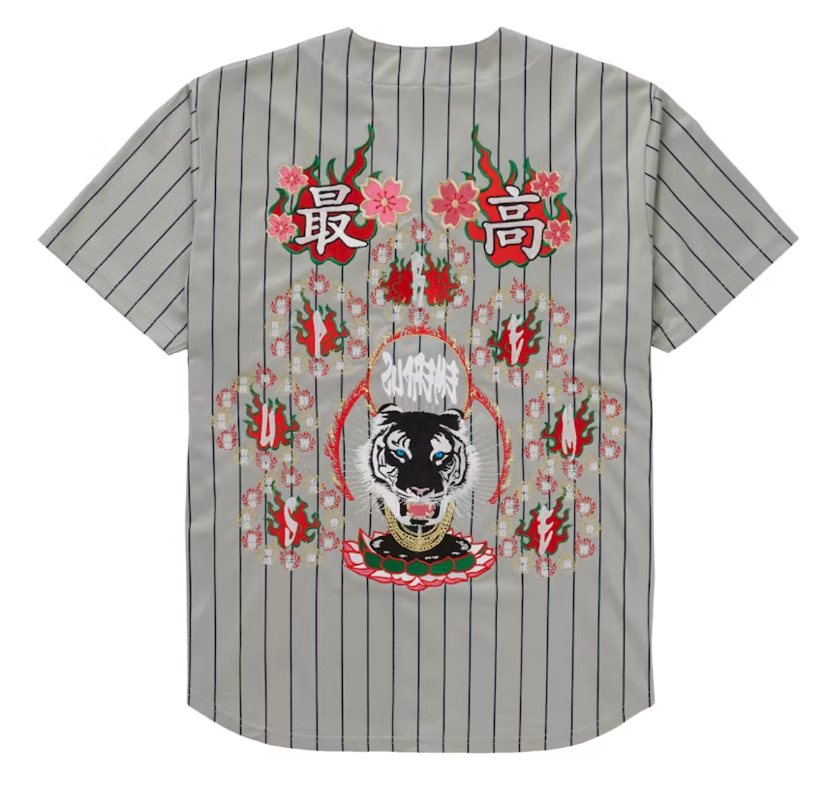 FW20 SUPREME TIGER EMBROIDERED BASEBALL JERSEY PINSTRIPE GREY  