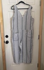 Beach Lunch Lounge Sleeveless Linen Blend Striped Jumpsuit Size L