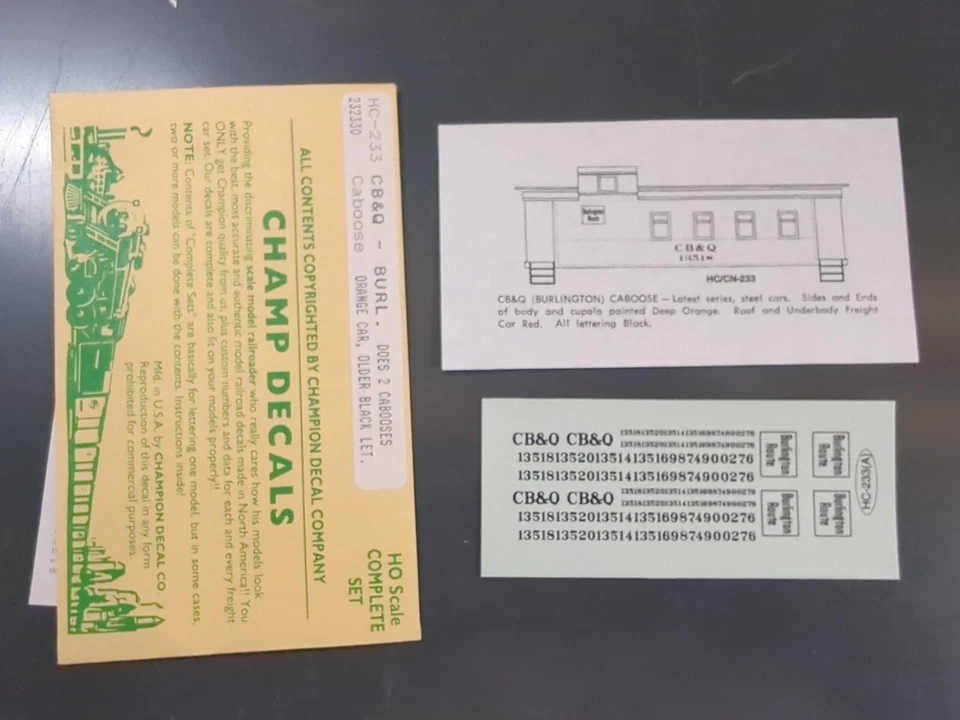 Vintage Champ Decals HC-233 CB&Q Burlington Caboose Orange Car Older Letering HO - Image 2 of 2