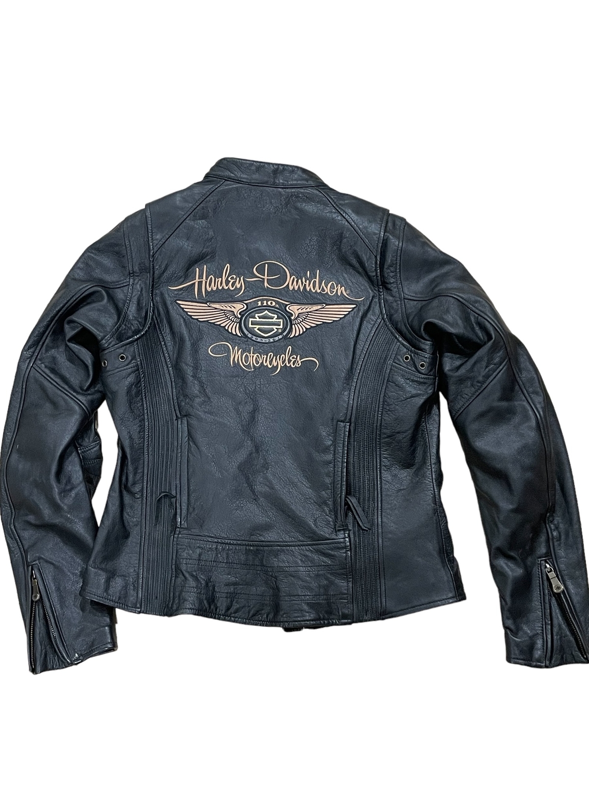 Harley Davidson Womens Blk Leather Motorcycle Jacket Tall M 110th Ann