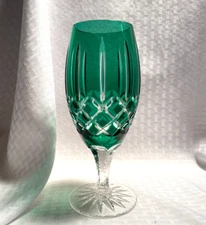 AJKA ARABELLA BEVERAGE GLASS EMERALD GREEN CUT TO CLEAR CRYSTAL BOHEMIAN HUNGARY