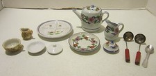 Vintage lot - 10 pc child size porcelain dishes incl Japan 3 pc metal utensils