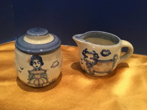 M.A. Hadley Pottery Creamer/Pitcher and Sugar Bowl Set With Lid ~Cow and Girl