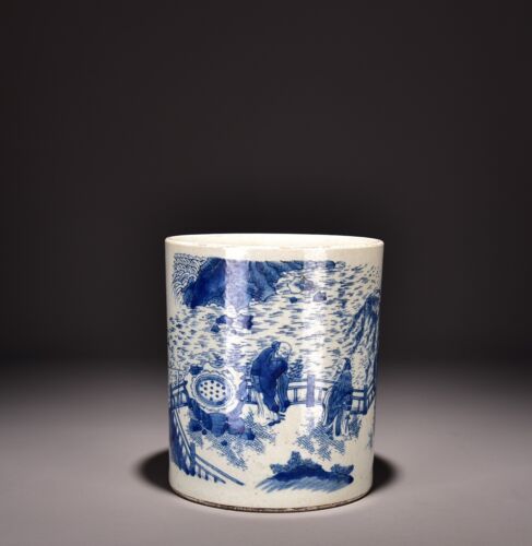 Chinese Antique Ming Dynasty Chongzhen Blue White Porcelain Figure Brush Pots