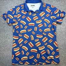 Tipsy Elves Golf Polo Hot Dog Print Short Sleeve Blue BBQ Performance Humor MED