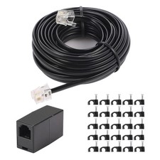 20 FT Telephone Extension Cord, Black, RJ11 Plug, 1 Coupler, 15 Cable Clips