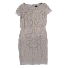 Adrianna Papell Women's Dress Embellished Overlay Sequin Midi Zip Up Beige 8 New