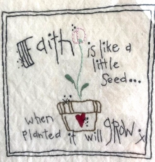 Vtg Handmade Embroidered Picture 12 x 12 Framed "Faith is Like a Little Seed..." - Image 3 of 4