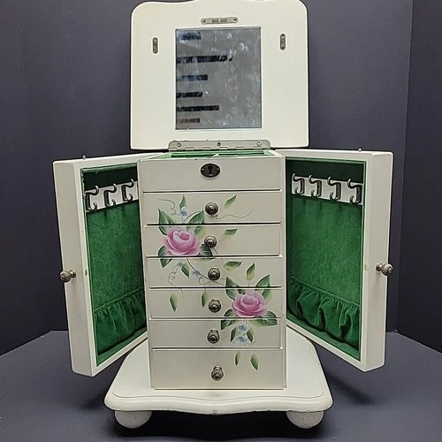 VTG Thomas Pacconi Floral Jewelry Box Hand Painted Drawers Mirror Organizer Wood