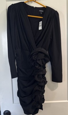 NWT Express Black Mini Dress V-neck Rouching Cascading Rosettes Women s Sz: XS