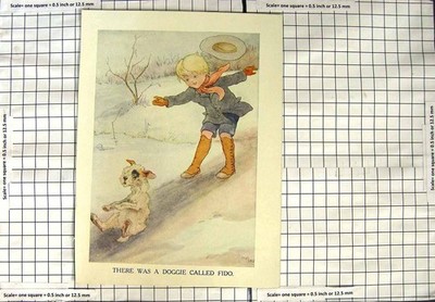 Original alter antiker Druck Farbe Little Boy Doggie Fido Winter