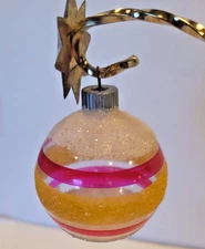 Shiny Brite Unsilvered Frosted Red Yellow White Mica Striped 2" Glass Ornament