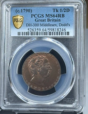 1790 Great Britain 1/2 D, Half Penny Token, DH 300 Middlesex Dodds PCGS MS 64 RB