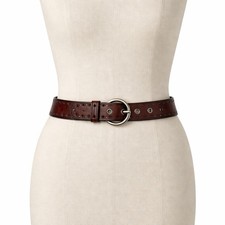 Fossil Brown Leather Belt Floral Embossed Size Medium Boho Classic Y2k