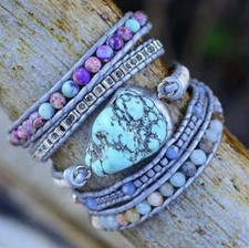 Turquoise Jasper Amazonite Crystal Beaded Leather Wrap Bracelet