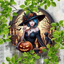 1pc 7.87x7.87inch Aluminum Halloween Witch Foil Engraving Round Sign - Vintage H