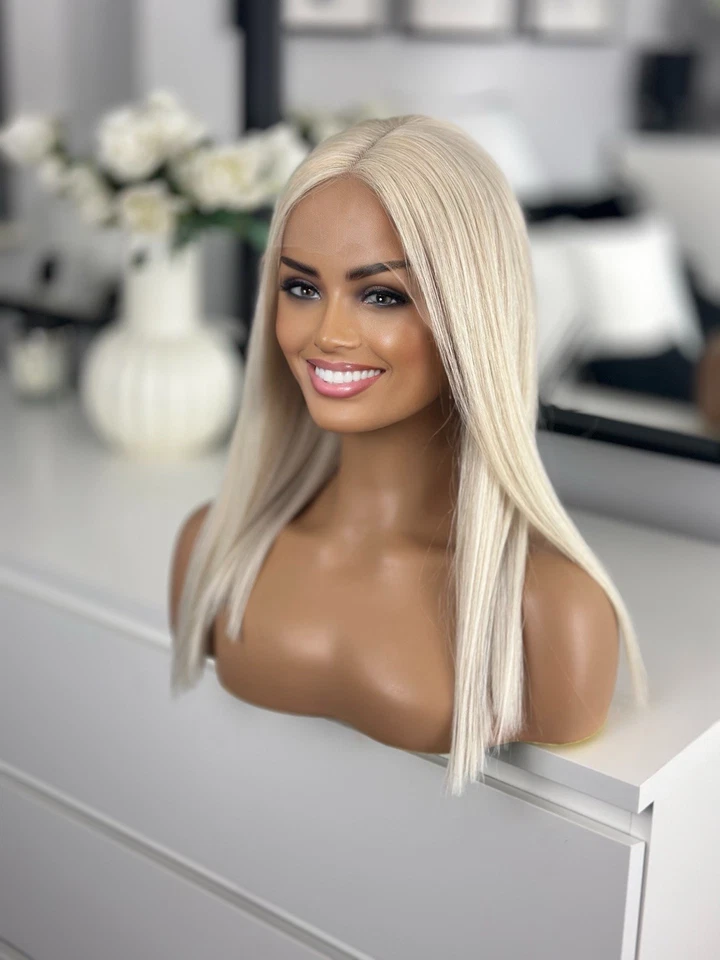 Peluca blanca platino rubia #60 encaje 16” 180 % largo bob 100 % cabello liso humano Foto 4 de 4
