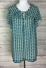 Max Studio Women’s Blue Floral Tie Neck Short Flutter Sleeve Pleated Top Size XL