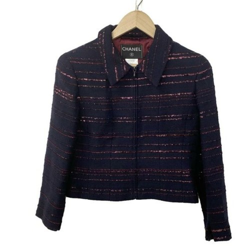 Chanel Jacket Size 40M Women'S - P16025 Dark Navy Bordeaux Long Sleeve/Sequin/Zi